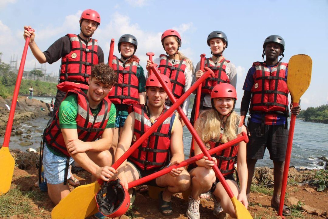  preparing for white water rafting in Uganda 